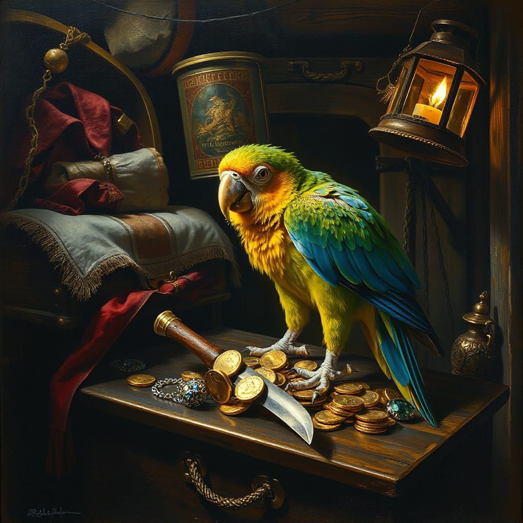 Pirate Parrot Guarding Treasure Chest as Oil Painting