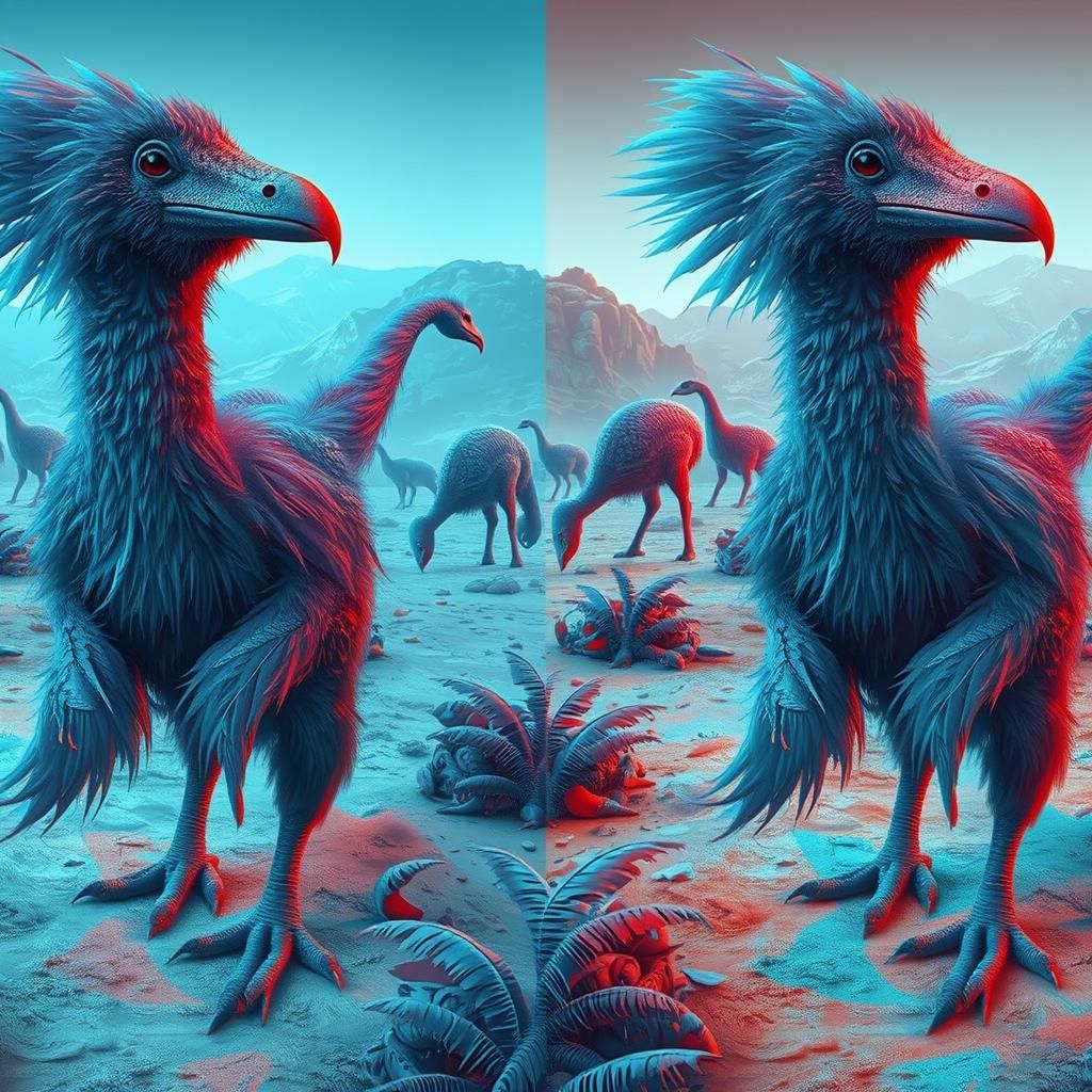 Cryptid Moa-Brontosaur in Stereoscopic Blue and Red Hues