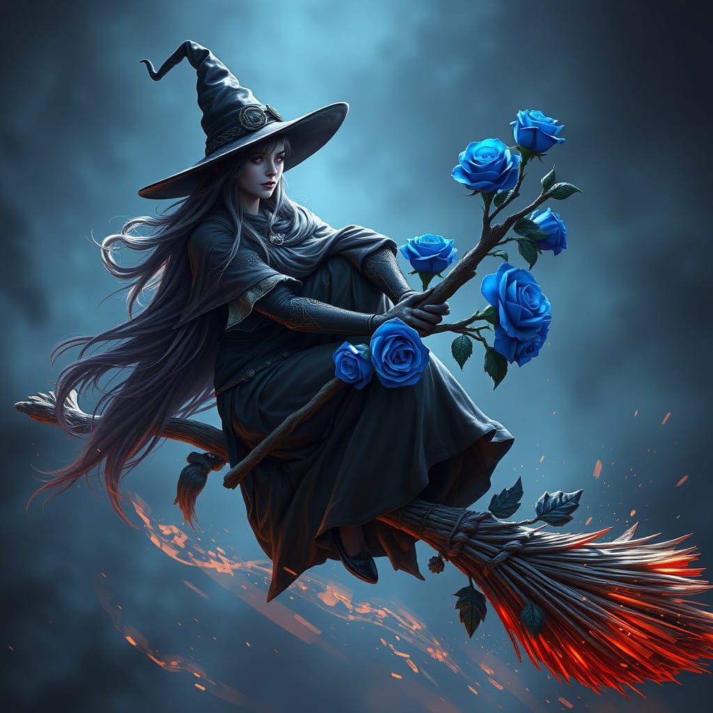 Mystical Witch Soars on Broom with Vibrant Blue Roses