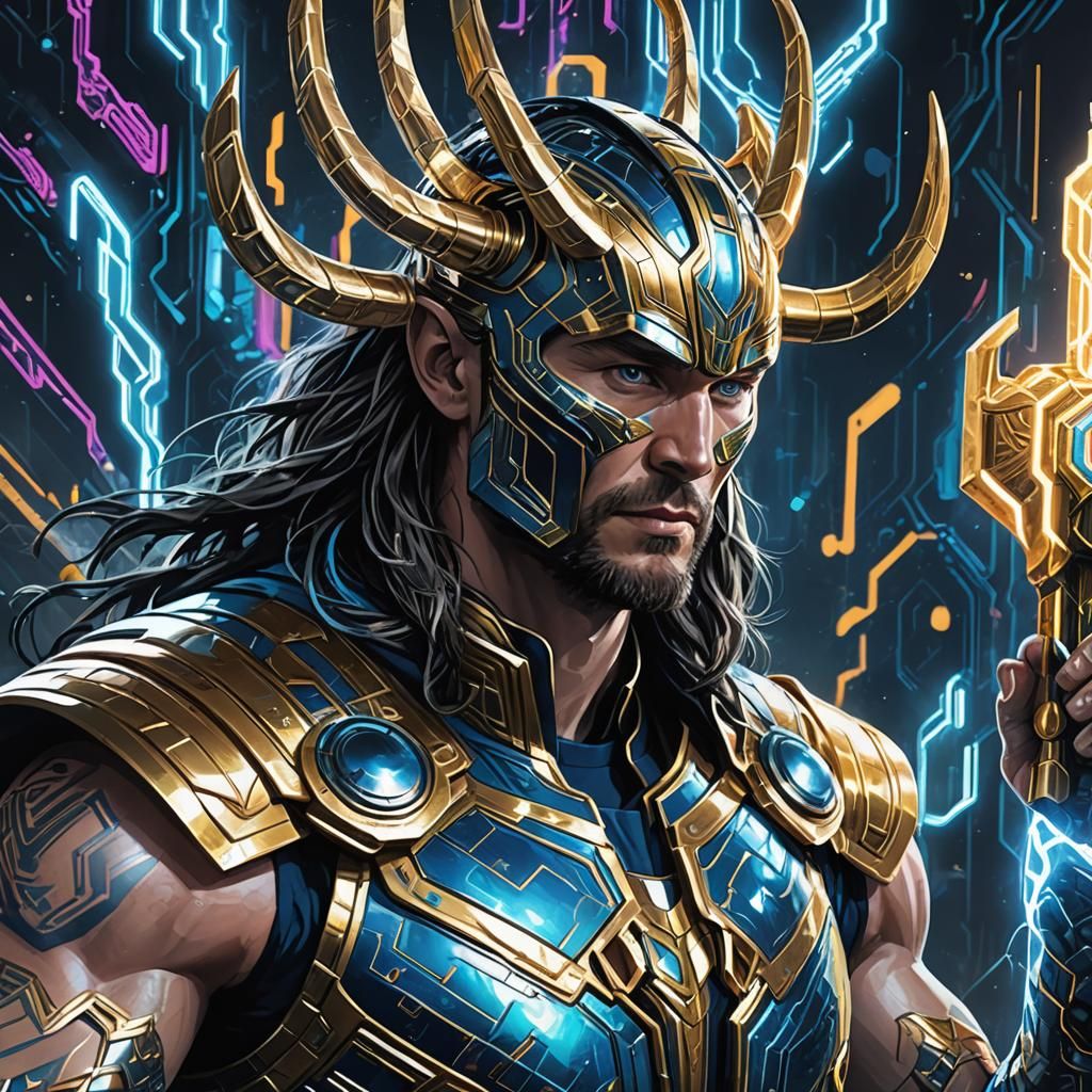 Cybernetic God: Thor-Loki Hybrid in Neon Armor