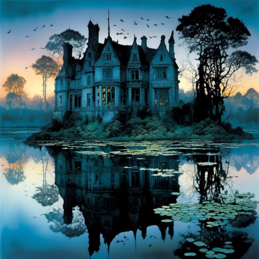 Old Manor House Ruins at Dusk on Lake with Water Lilies and...