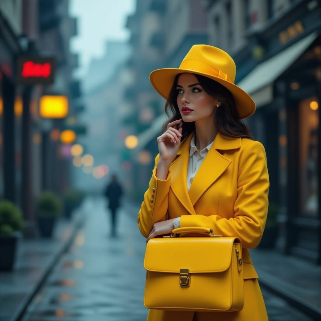 Woman with Yellow Hat in Moody, Atmospheric Style