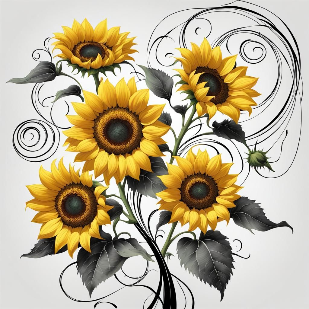 Vibrant Sunflowers in Whimsical Black Ink Style