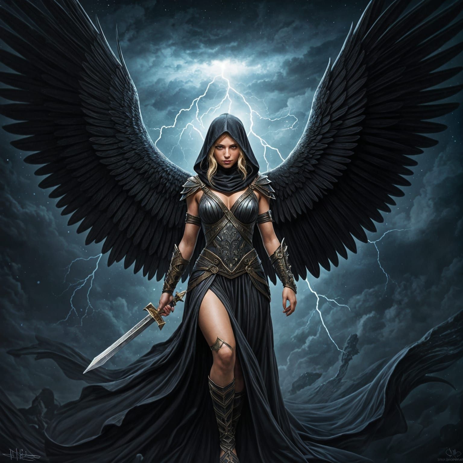 Goddess of Retribution in a Stormy Night Sky