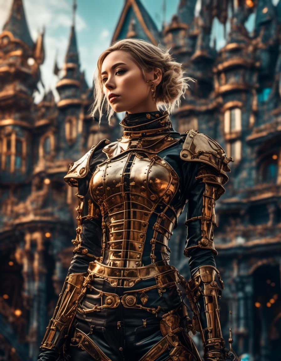 Steampunk Cyborg Jeanne d'Arc with Futuristic Castle