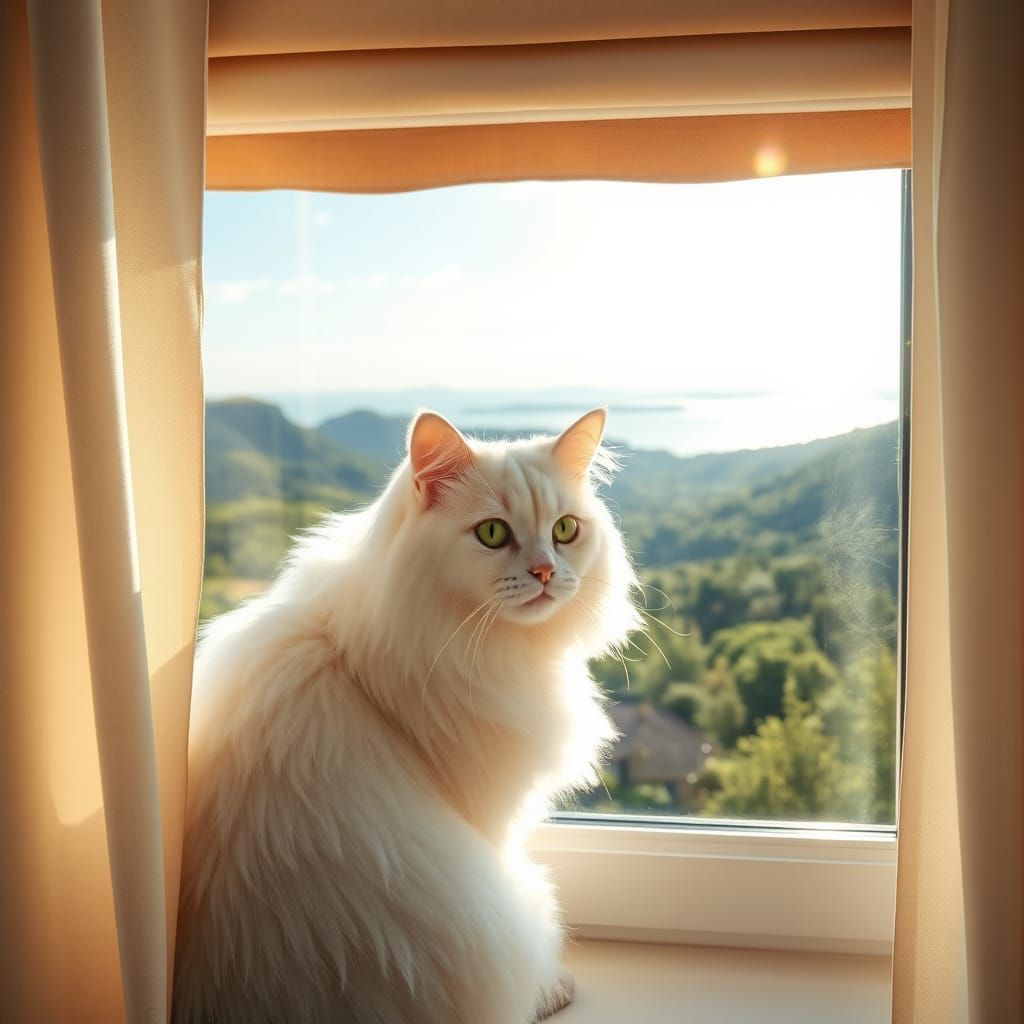 White Cat Gazing at Sunlit Landscape