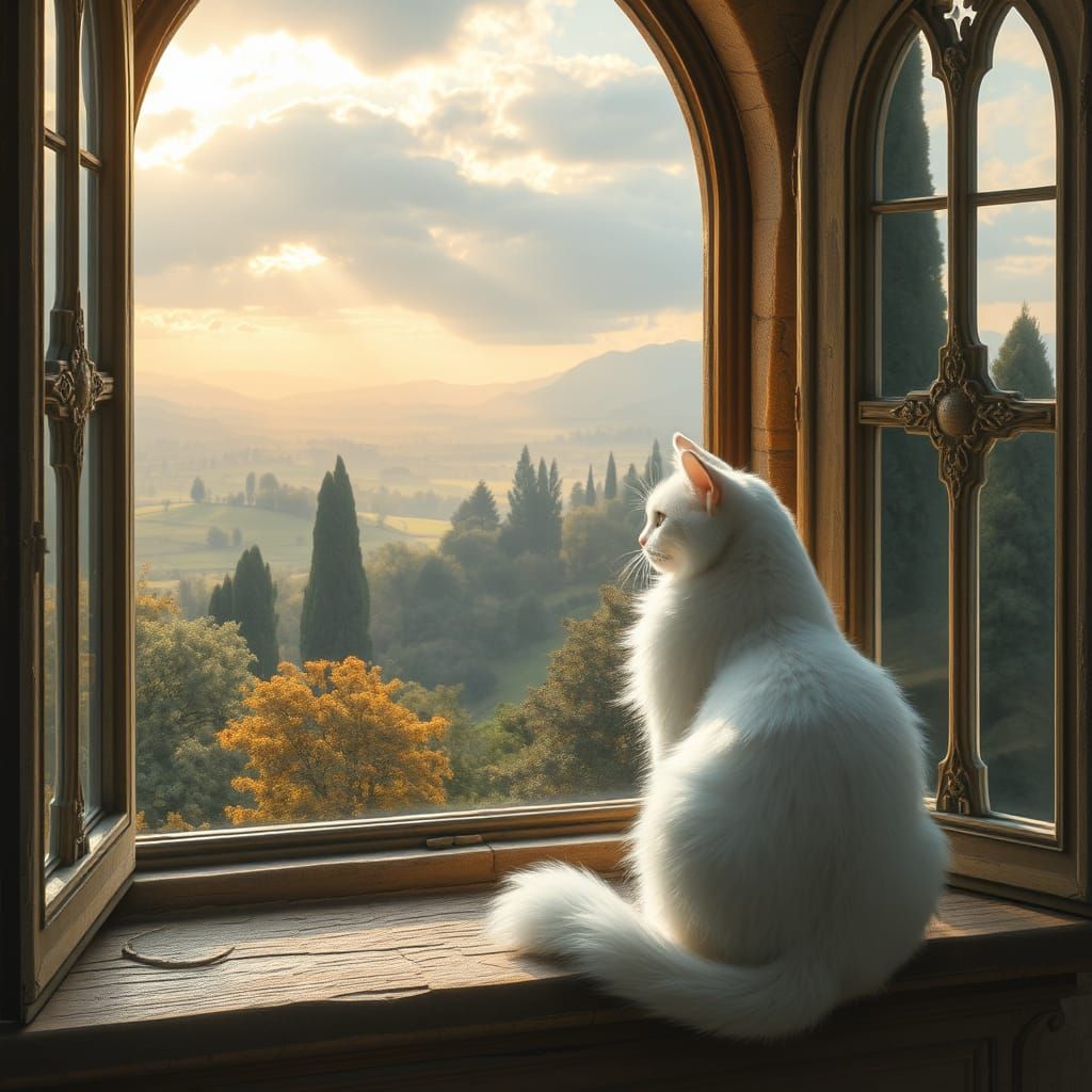 Serene White Cat Contemplates Nature's Beauty