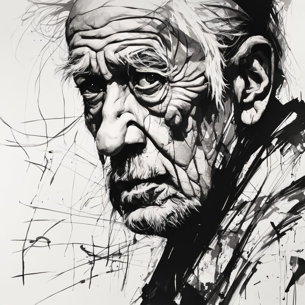 Monochromatic Portrait of an Old Man in Bold Ink Sketch Styl...