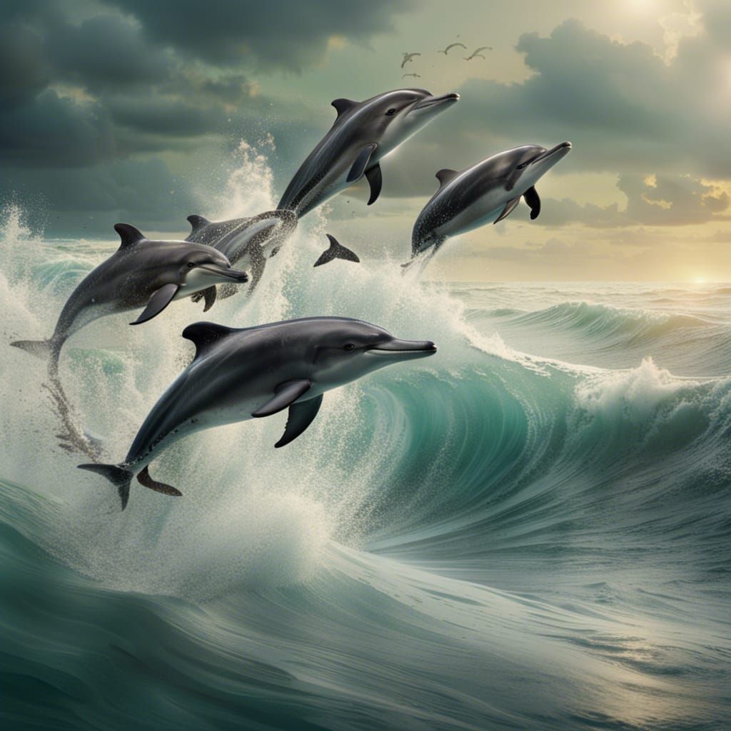 Dolphins Soar Amidst Majestic Oceanic Waves in a Maximalist...