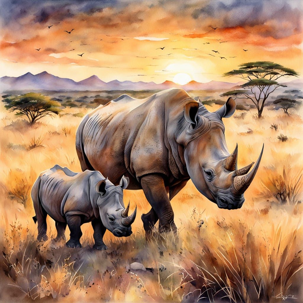Serengeti Sunset with Rhino and Calf