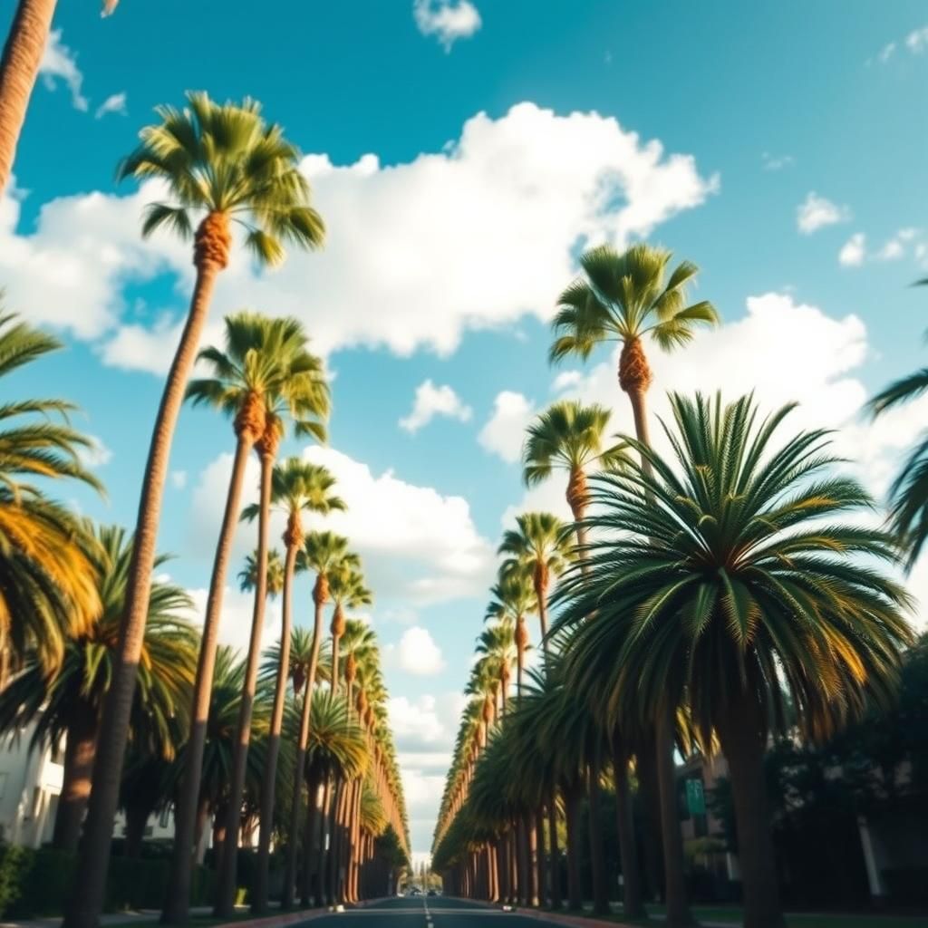 Golden Palm Trees Lined Street in Brilliant Blue Sky