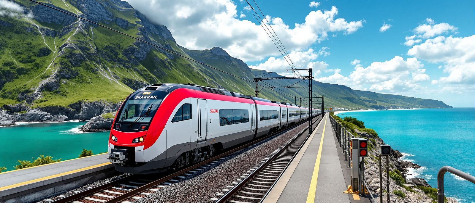 Modern Coastal Train Station with Red and White Electric Tra...