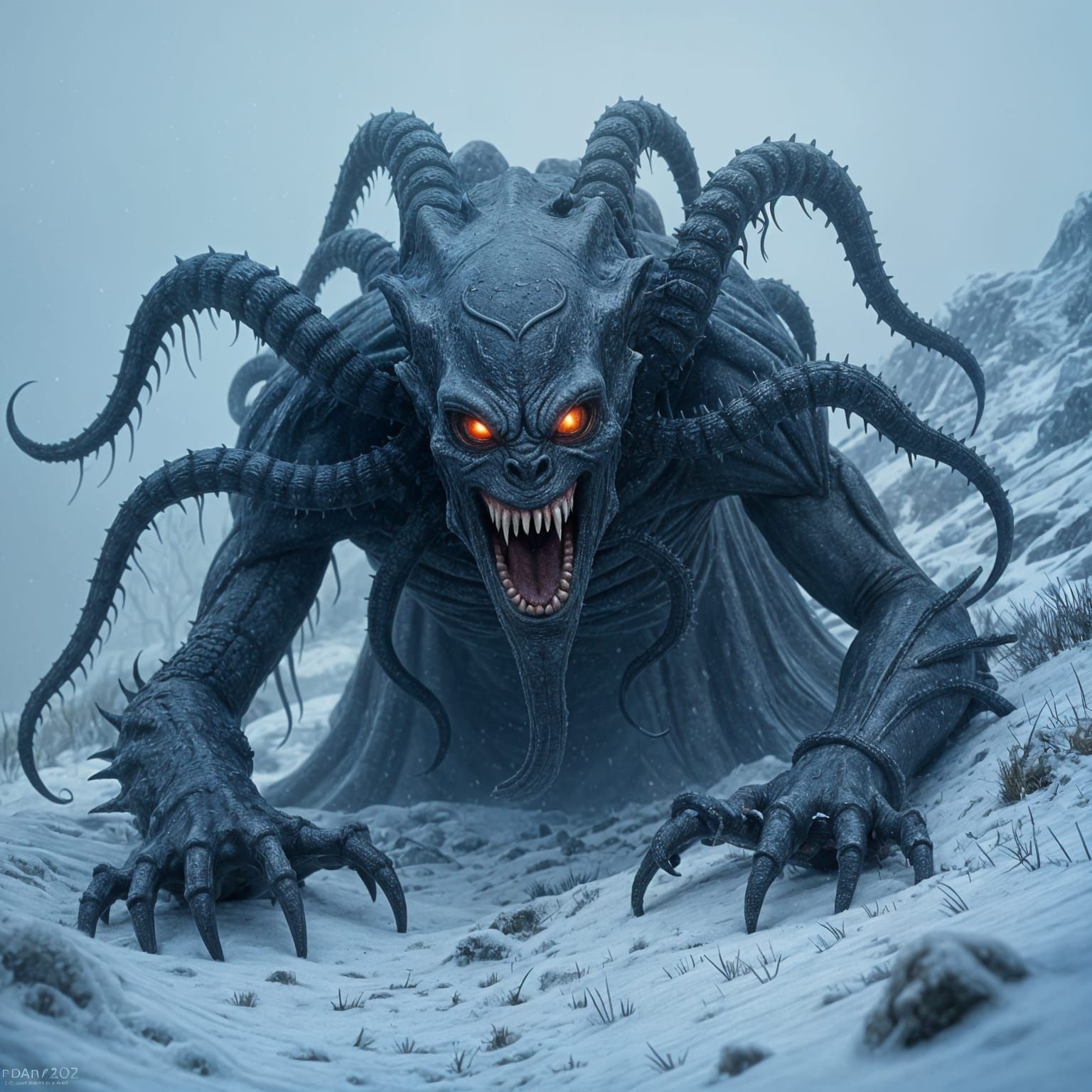 Grotesque Lovecraftian Monster on Scottish Hillside