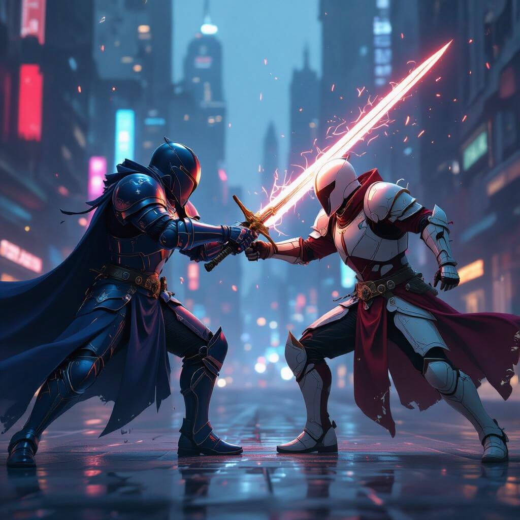 Cyberpunk Knights Duel in Neon Cityscape