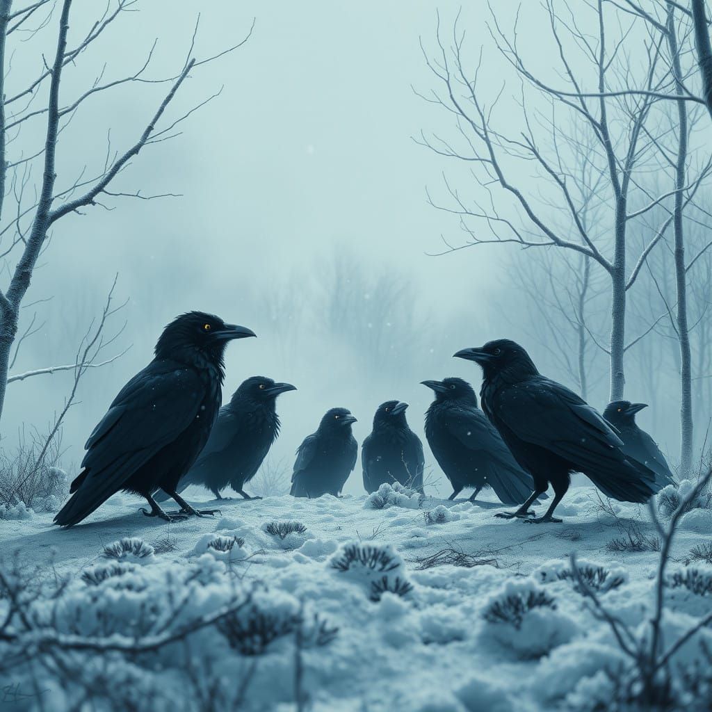 Surreal Winter Scene: Ravens Conduct a Symphony of Shadows