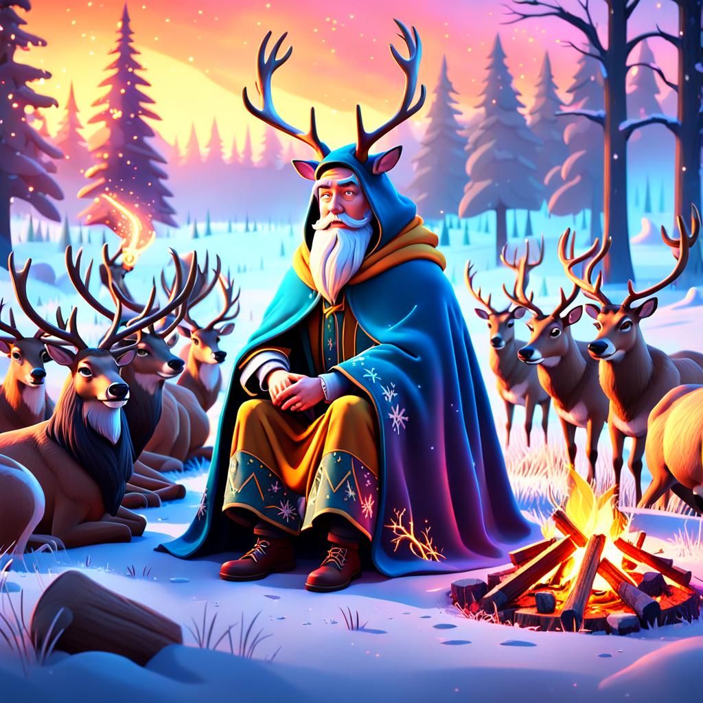 Winter Wizard in Cinematic Fantasy Landscape at Golden Hour