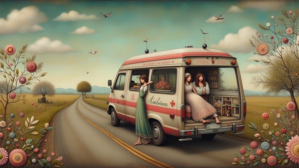 Emotional Ambulance Scene in Folk Art Style