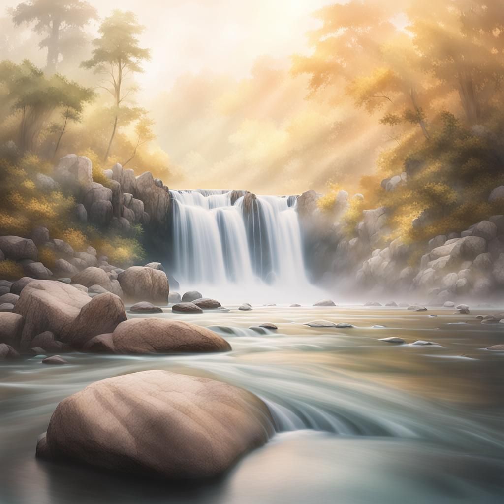 Dreamy Watercolor Landscape of Serene Waterfall and River