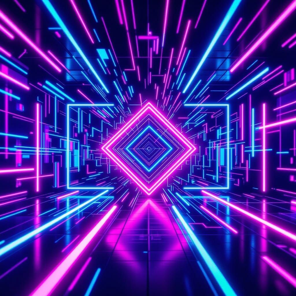 Vibrant Neon EDM Club Scene with Geometric Shapes
