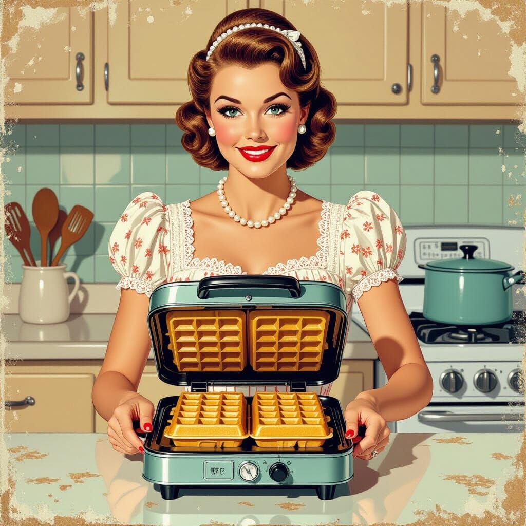 Retro Housewife with Waffle Iron in Comic Book Style