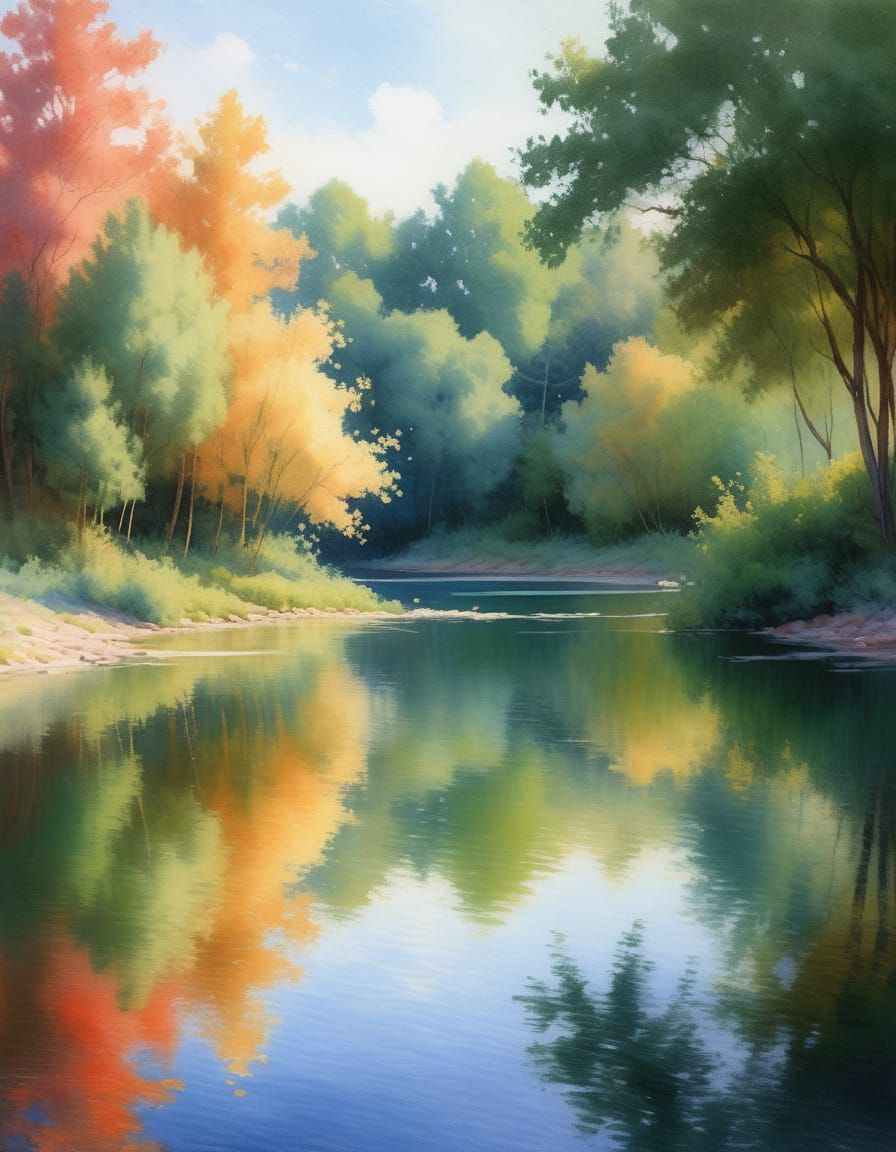 Serenely Beautiful Impressionist Lake Scene in Watercolor