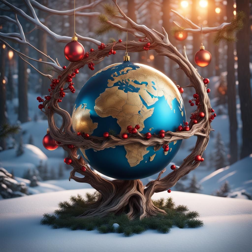 Magical Globe Ornament on a Branch in Festive Fantasy Style
