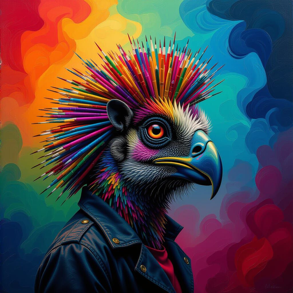 Hedgehog with Colored Pencil Quills, Hyperrealistic Oil Pain...