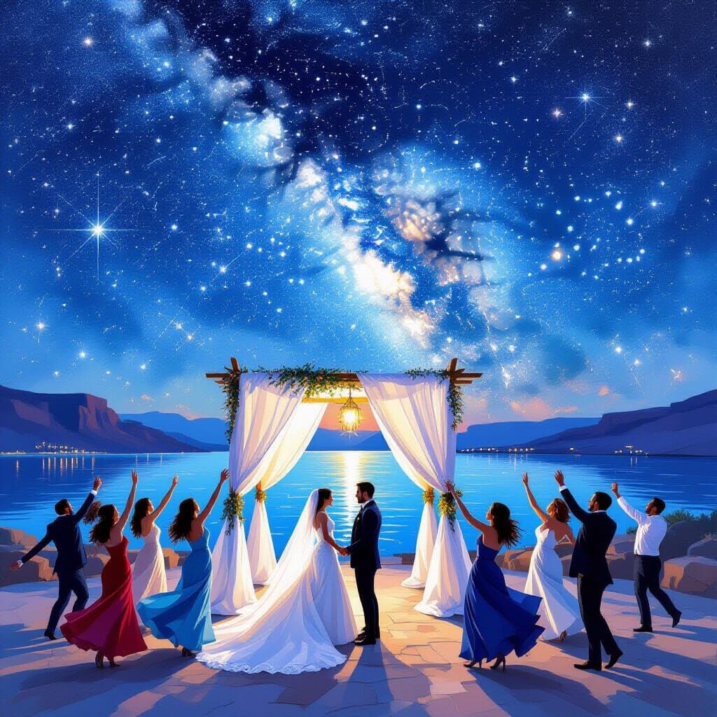 Jewish Wedding Under Constellations: Expressionist Watercolo...