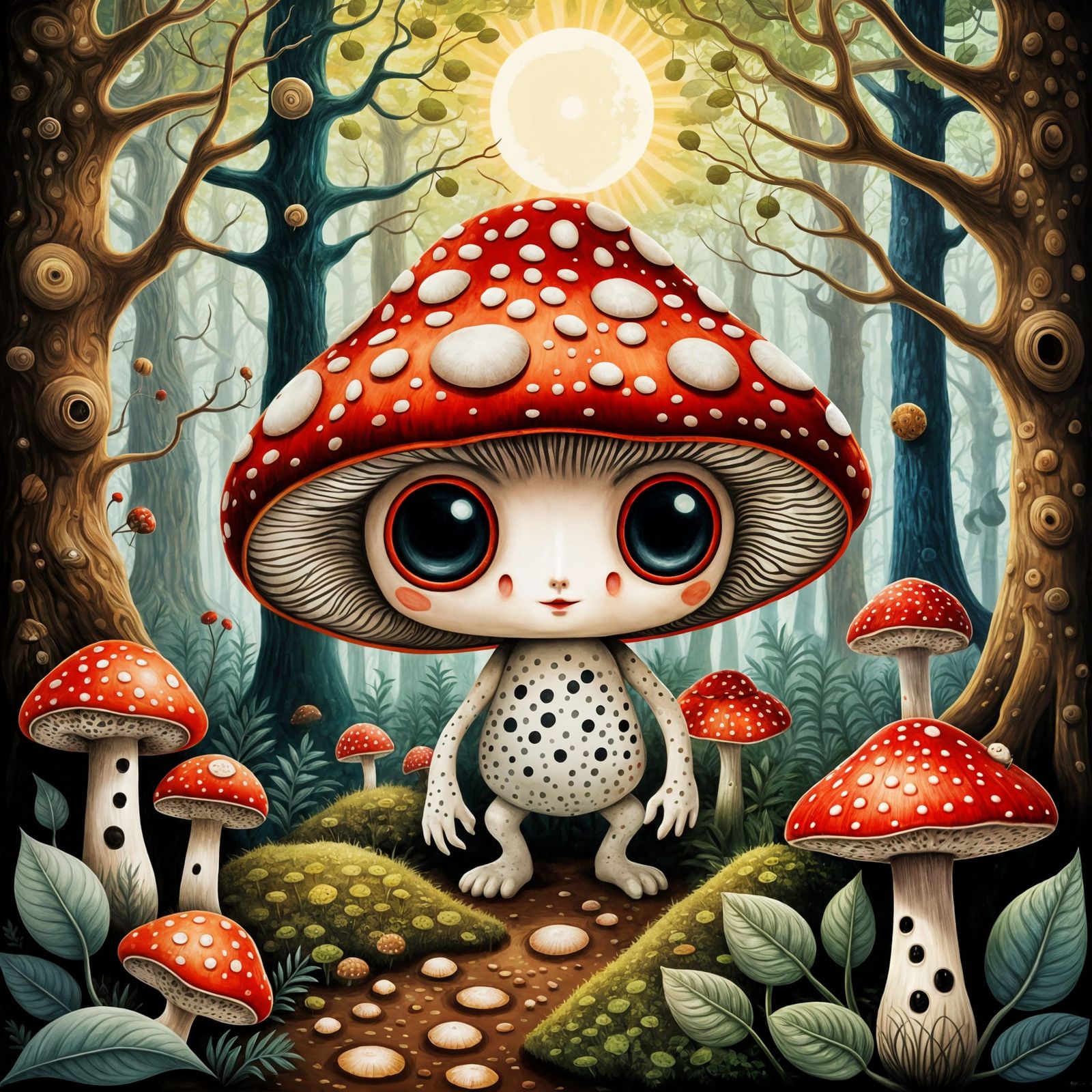 Dreamy Chibi Amanita Muscaria in Vibrant Forest