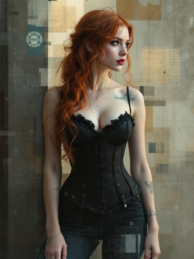 Redhead Pin-Up in Industrial Fusion Art Style