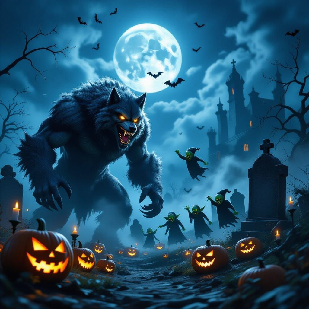 Cinematic Halloween Monsters in Foggy Graveyard