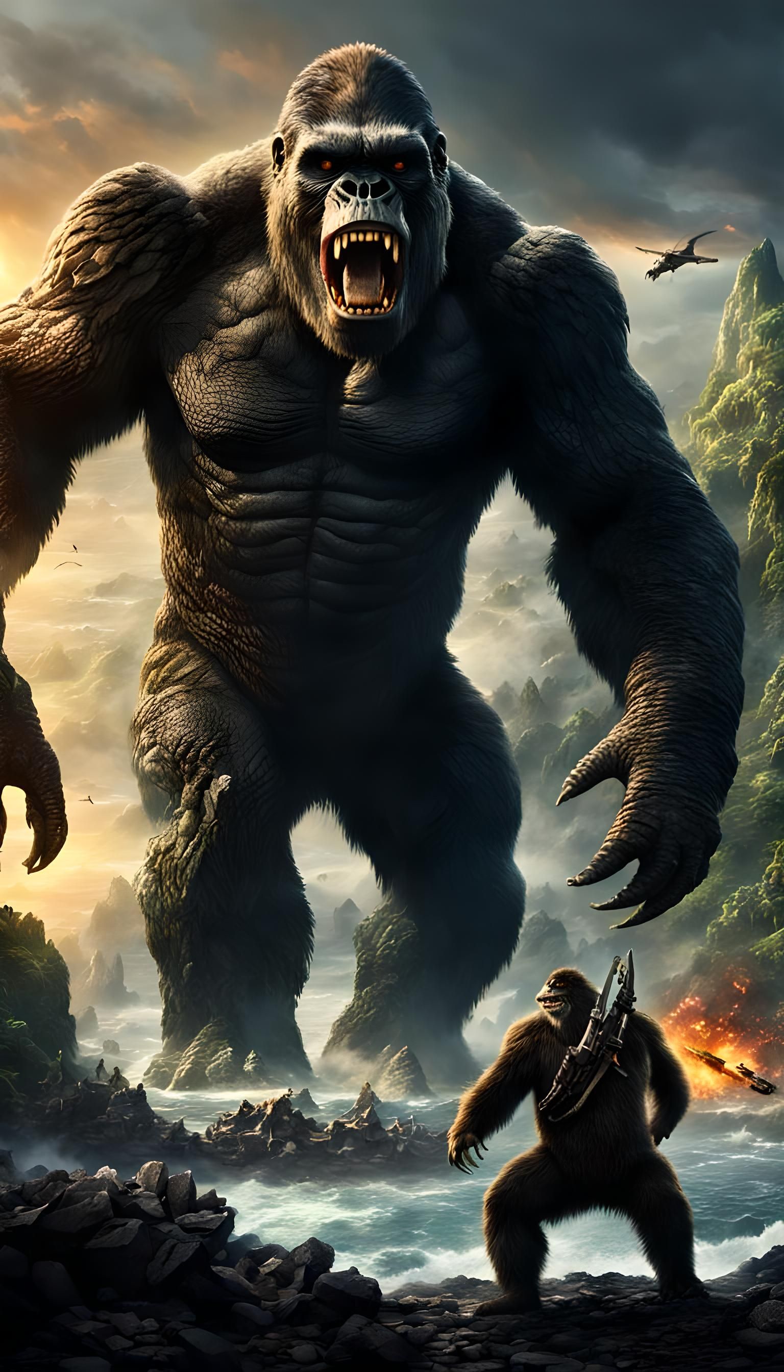 As sun sets over the treacherous terrain of Skull Island, Ki...