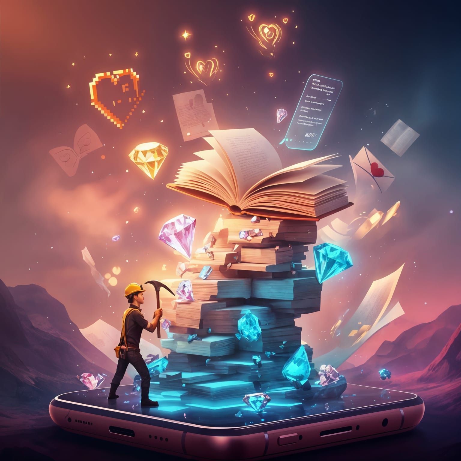 An imaginative, surreal scene where a reader is depicted as ...