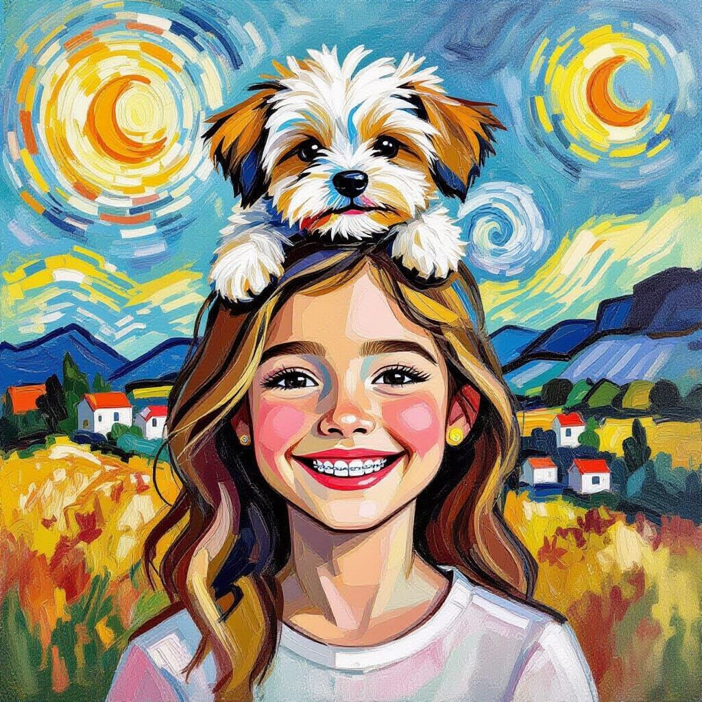 Girl with Maltese Puppy on Head, Neo-Impressionist Oil Paint...