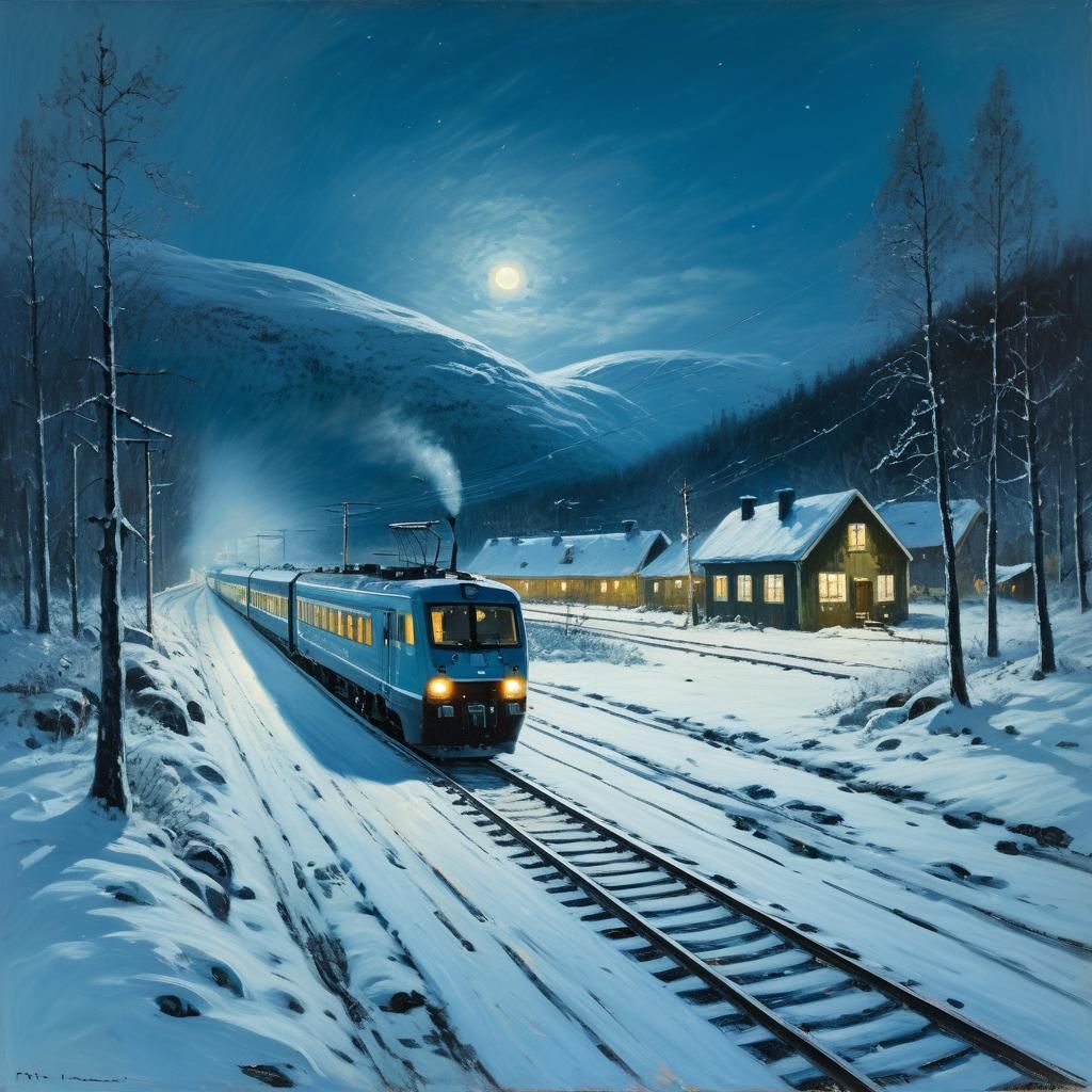 Serene Norwegian Winter Train Landscape in Frits Thaulow Sty...
