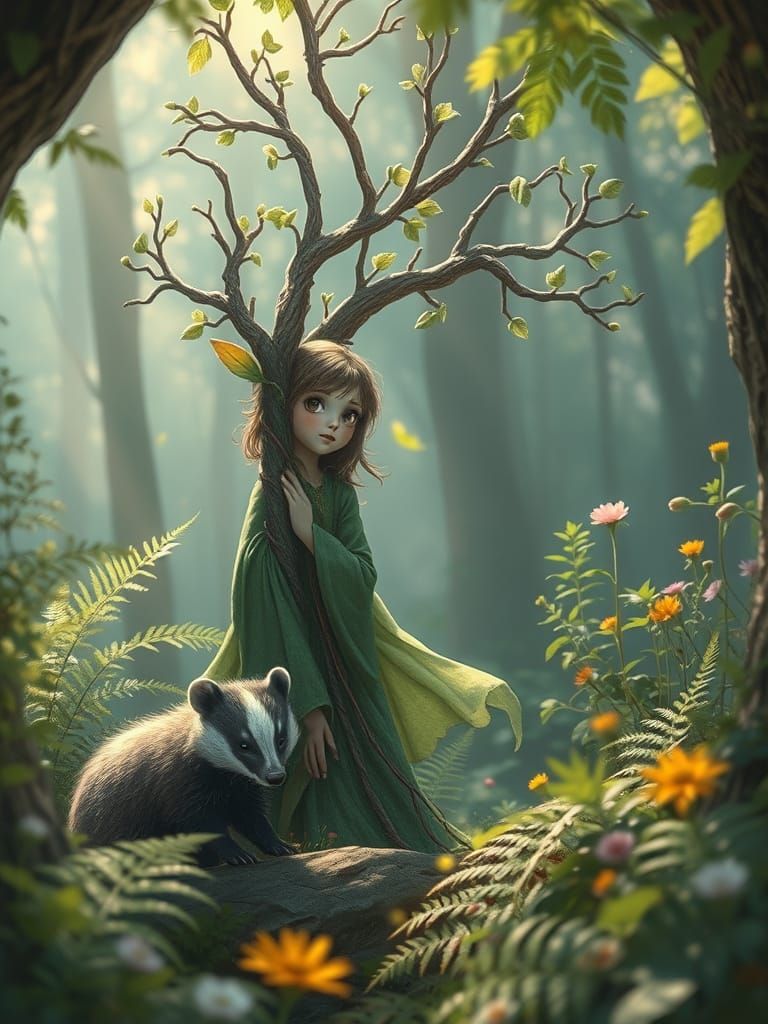 Tree Sprite and Badger in Forest Opening