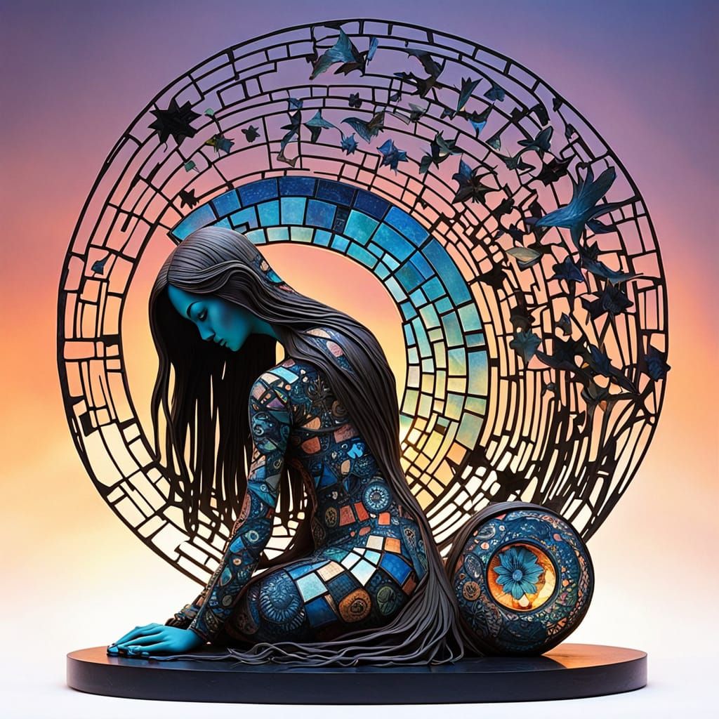 Surreal Fragmented Sculpture of Woman at Sunset