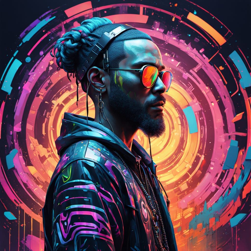 Cyberpunk DJ Ancient Wisdom Druid in Vibrant Neon Light