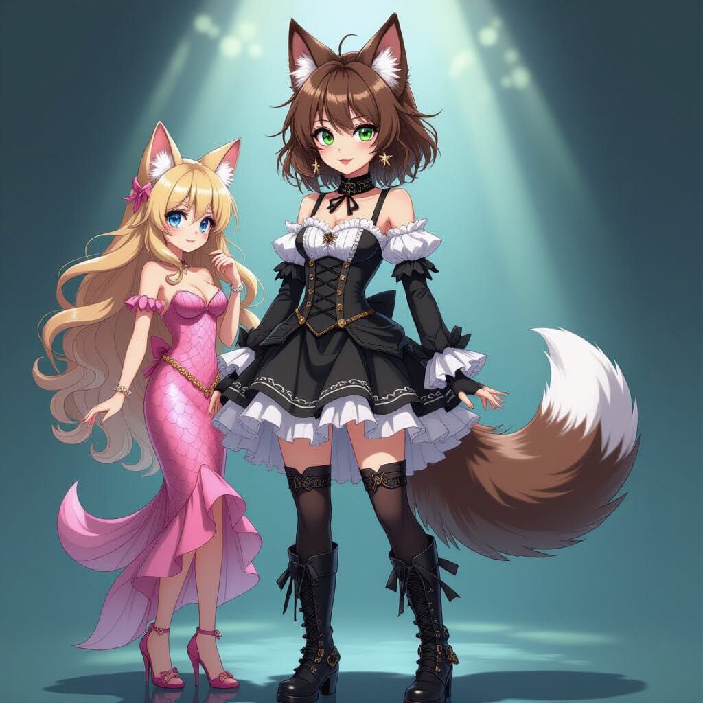 Anime Girl with Wolf Tails in Gothic Dress