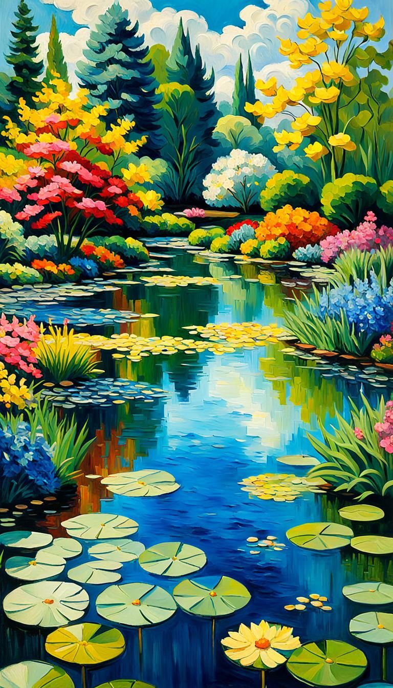 Impressionist Oil Painting of Vibrant Gardens and Calm Pond