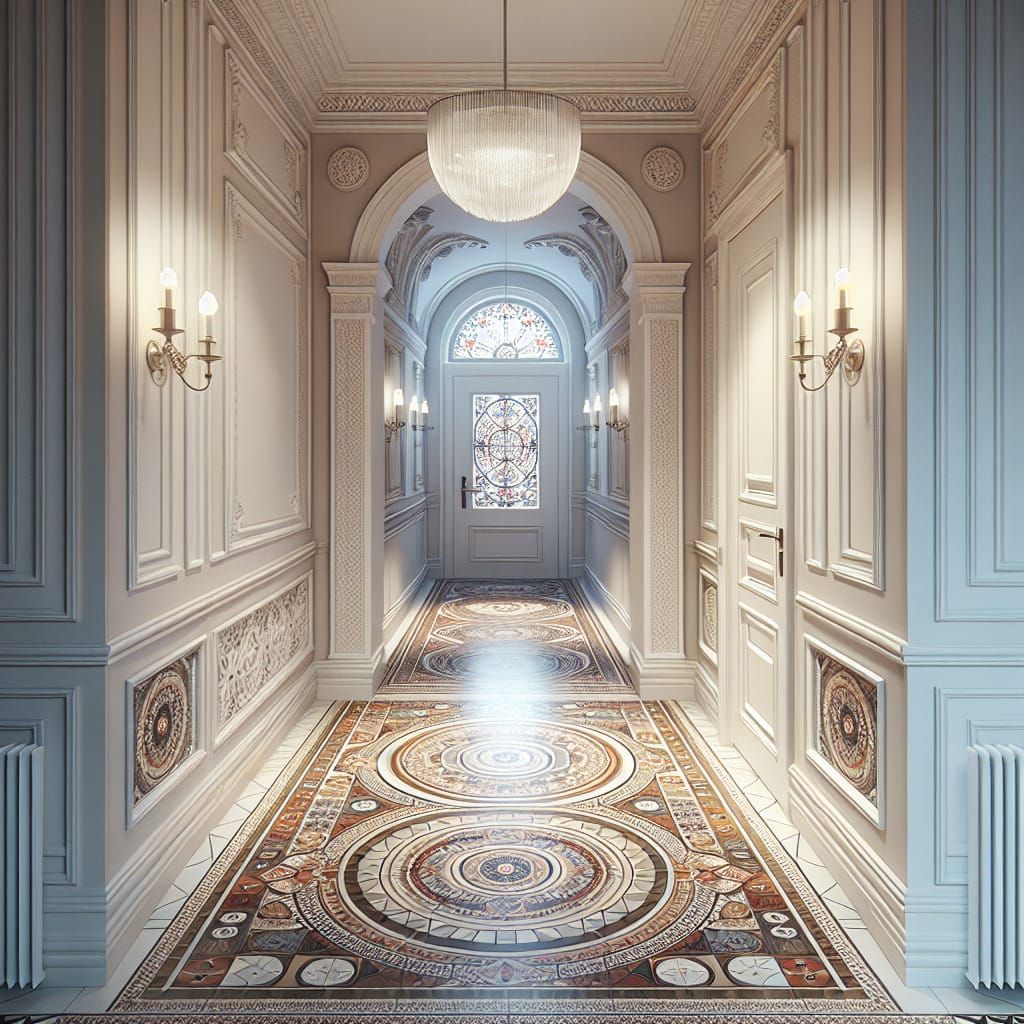 Elegant Geometric Hallway Design with Serene Ambiance