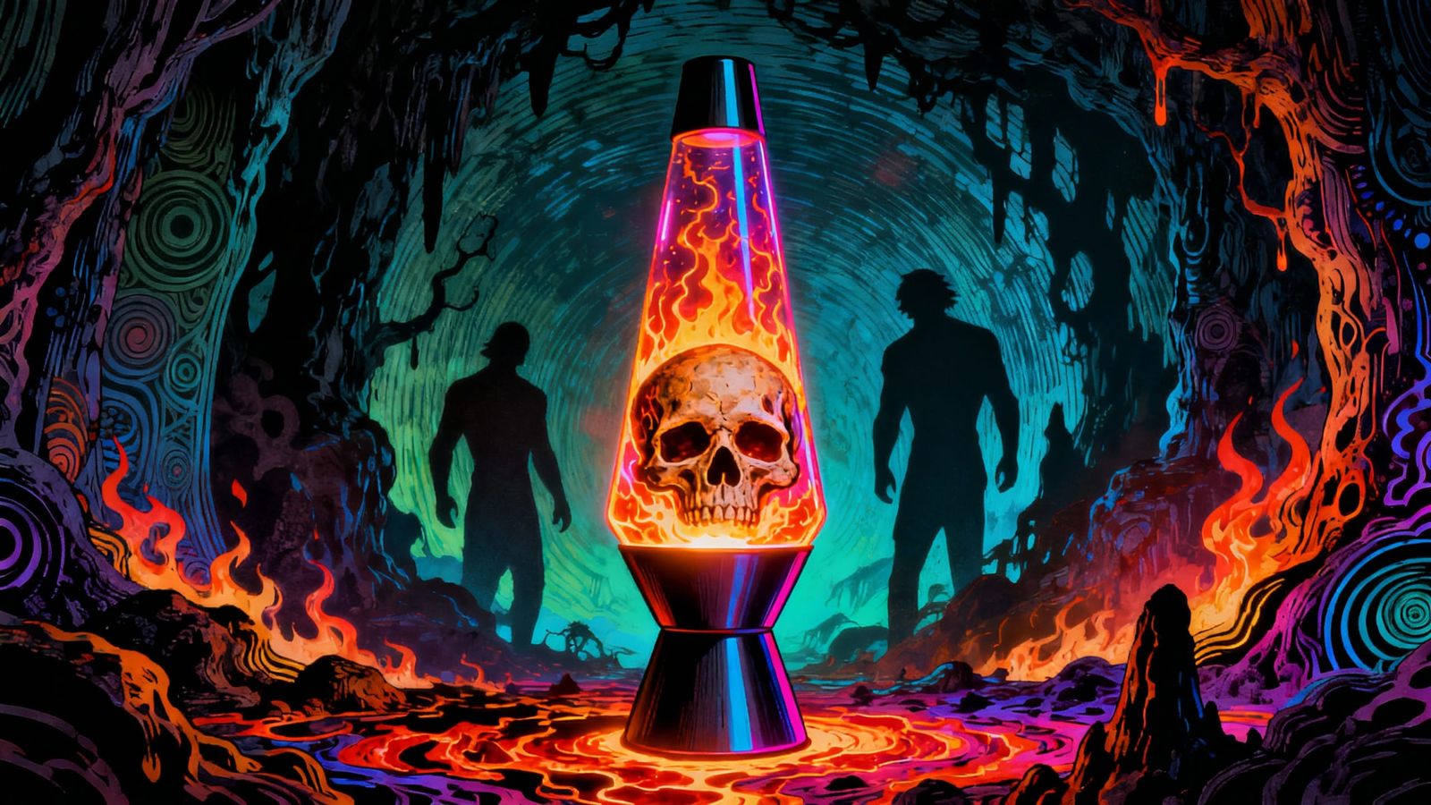 Molten Skull Lava Lamp in Psychedelic Art Style