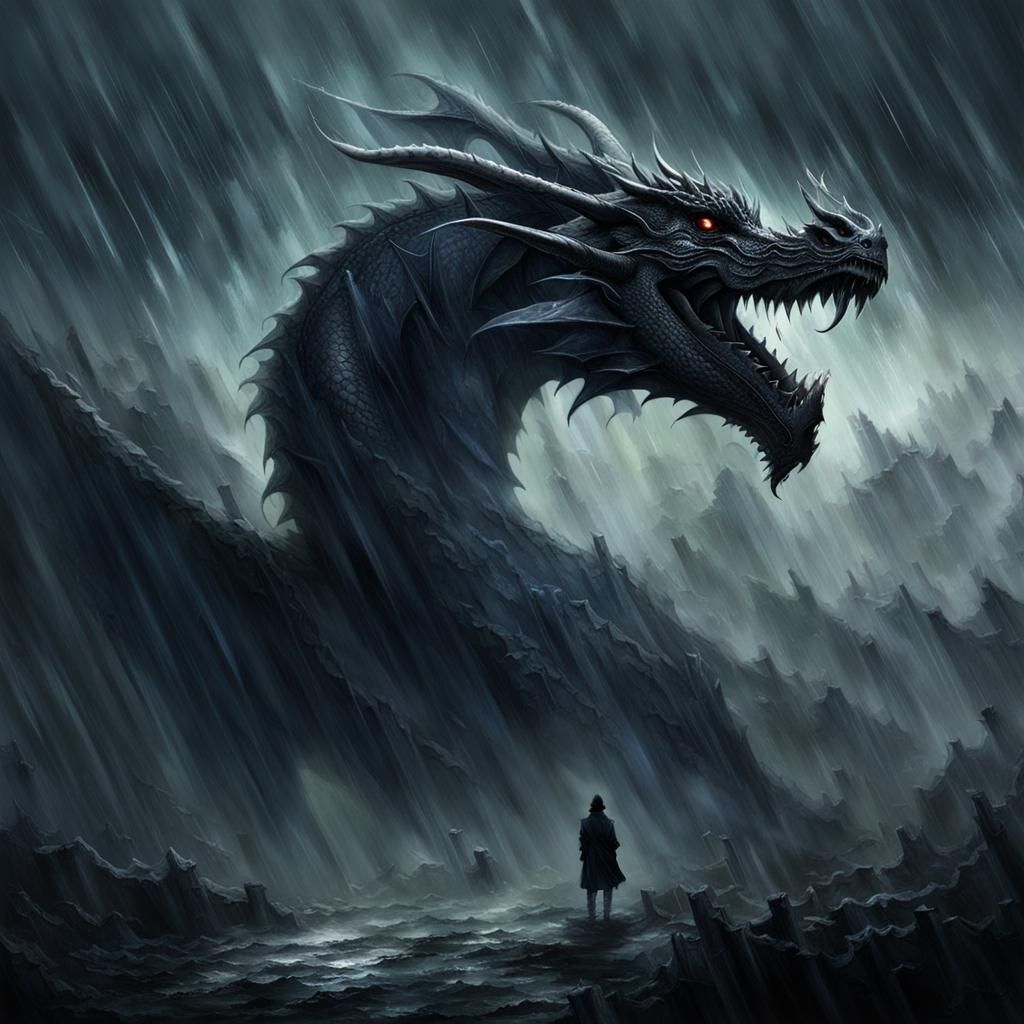 Mystic Dragon Emerges from Rainy Ebon Fog