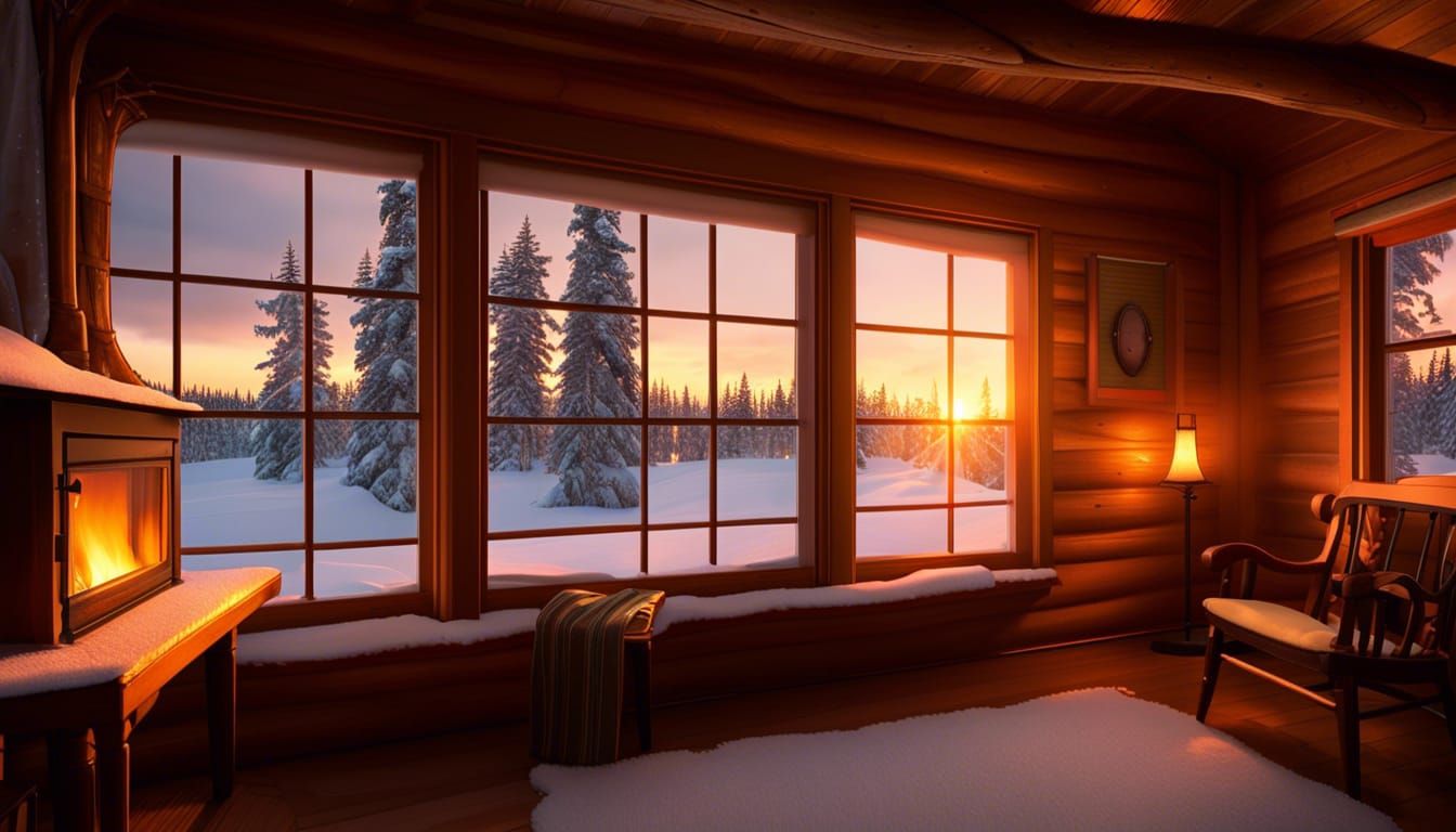 Rustic Winter Cabin Sanctuary in Golden Hour Light