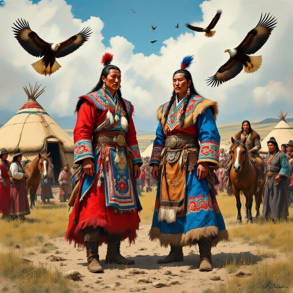 Mongolian Warriors at Naadam Festival in Surreal Style