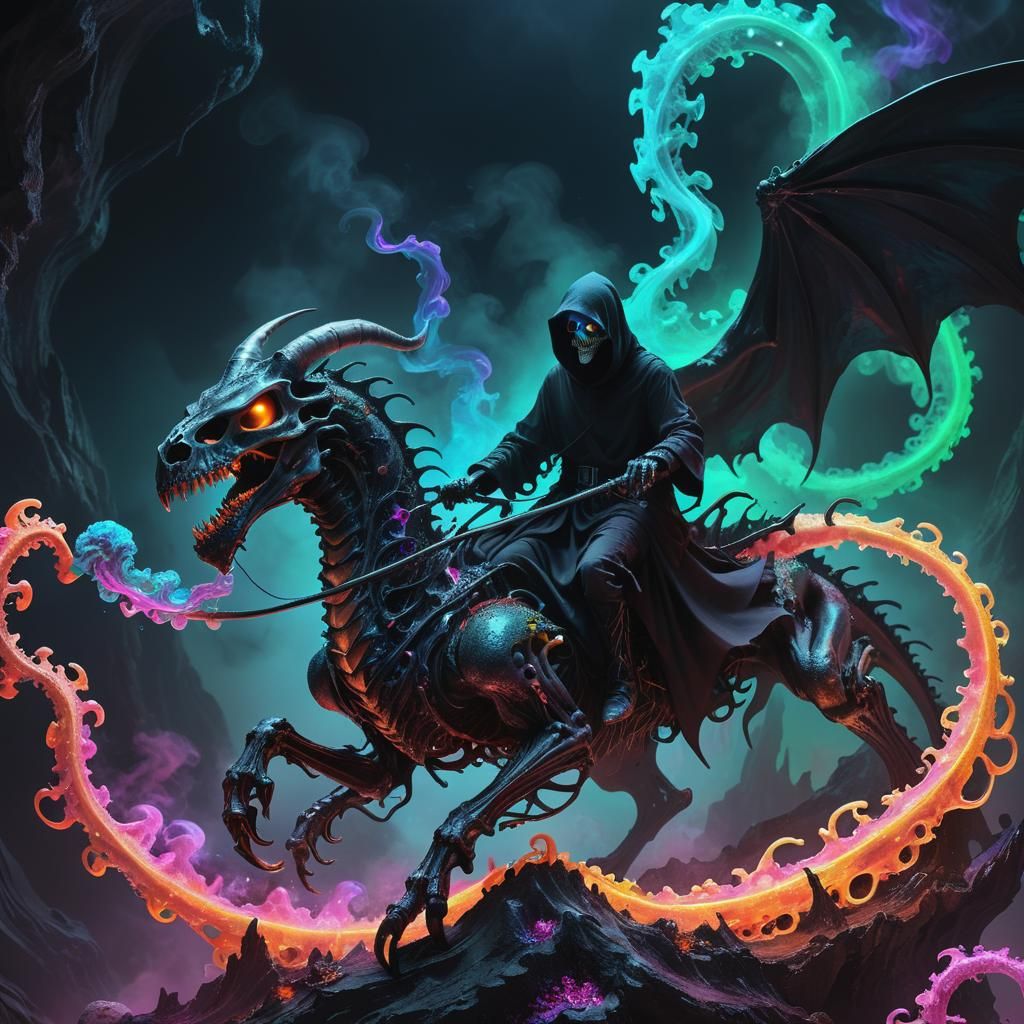Skeletal Black Smoke Dragon Masterpiece in Neon Colors