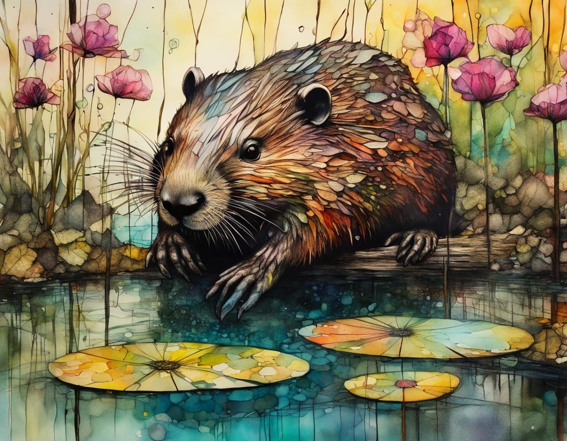 Vibrant Beaver Lodge in a Blooming Marsh - Mixed Media Maste...