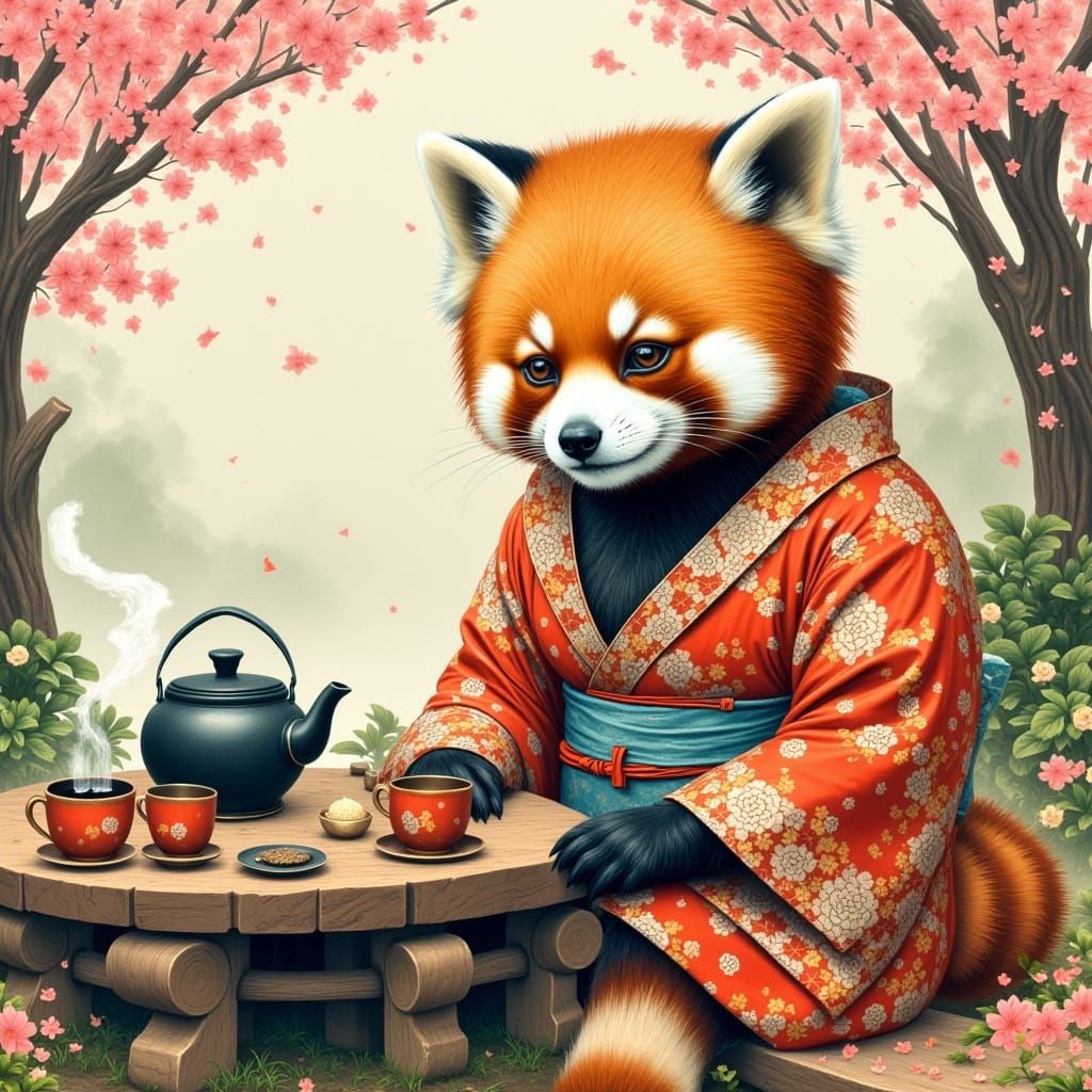 Red Panda in Kimono Enjoys Tea in Japanese Garden