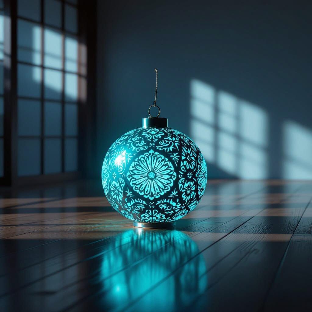 Cyan Ornament Radiates Light in Minimalist Room