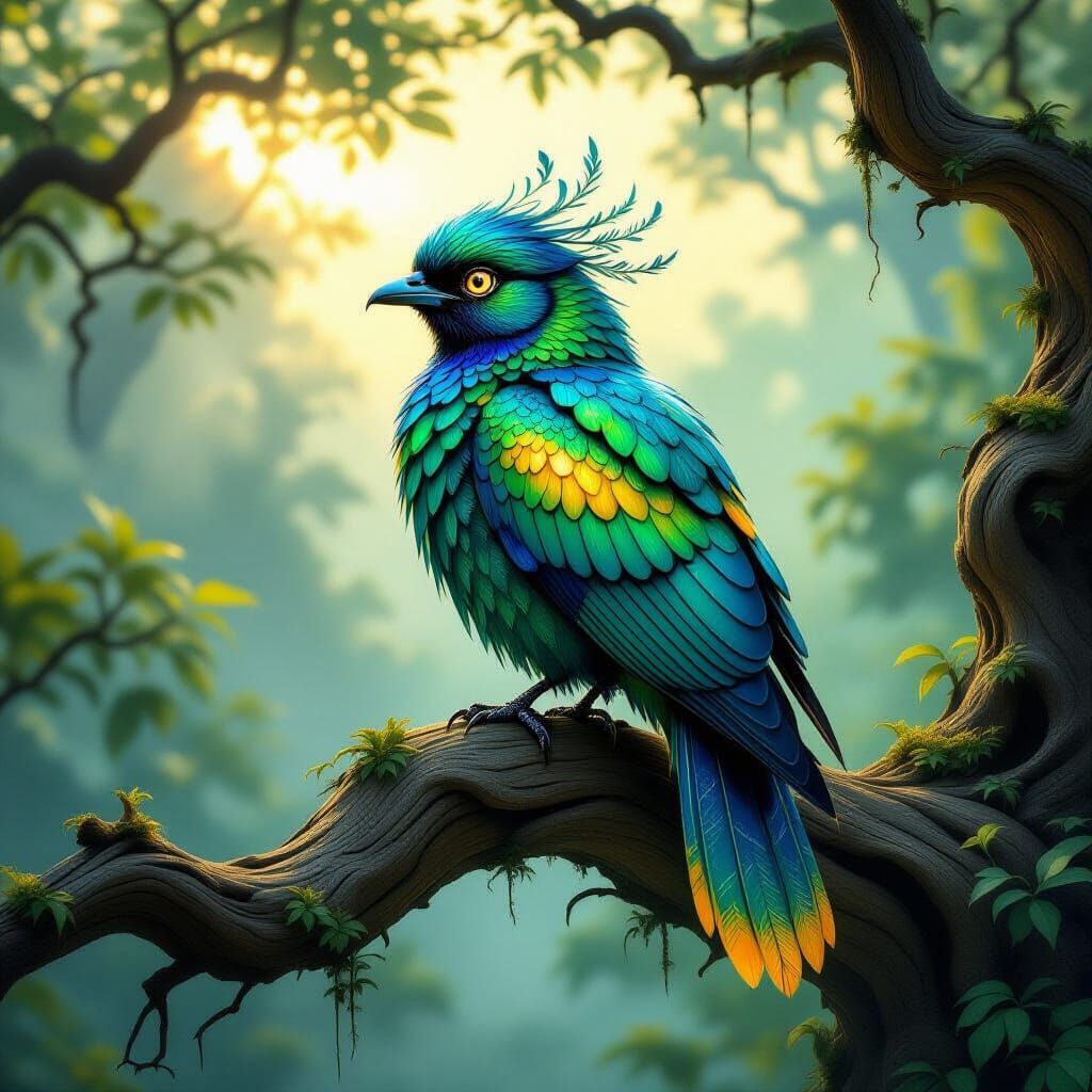 Iridescent Fantasy Bird in Enchanted Forest